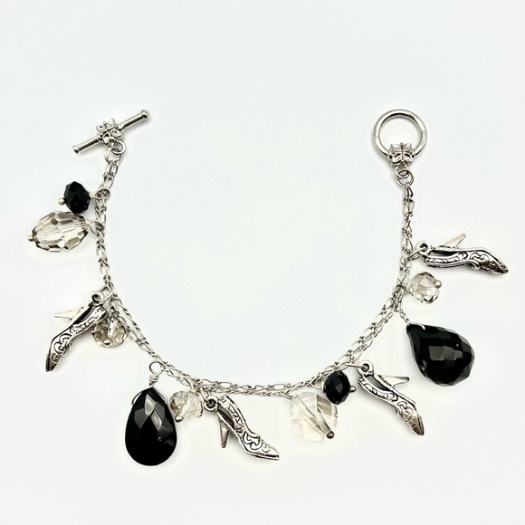 NWT ELEGANT DOUBLE STRAND CHARM BRACELET IN JET BLACK & CLEAR SILVER CRYSTALS - Picture 5 of 9